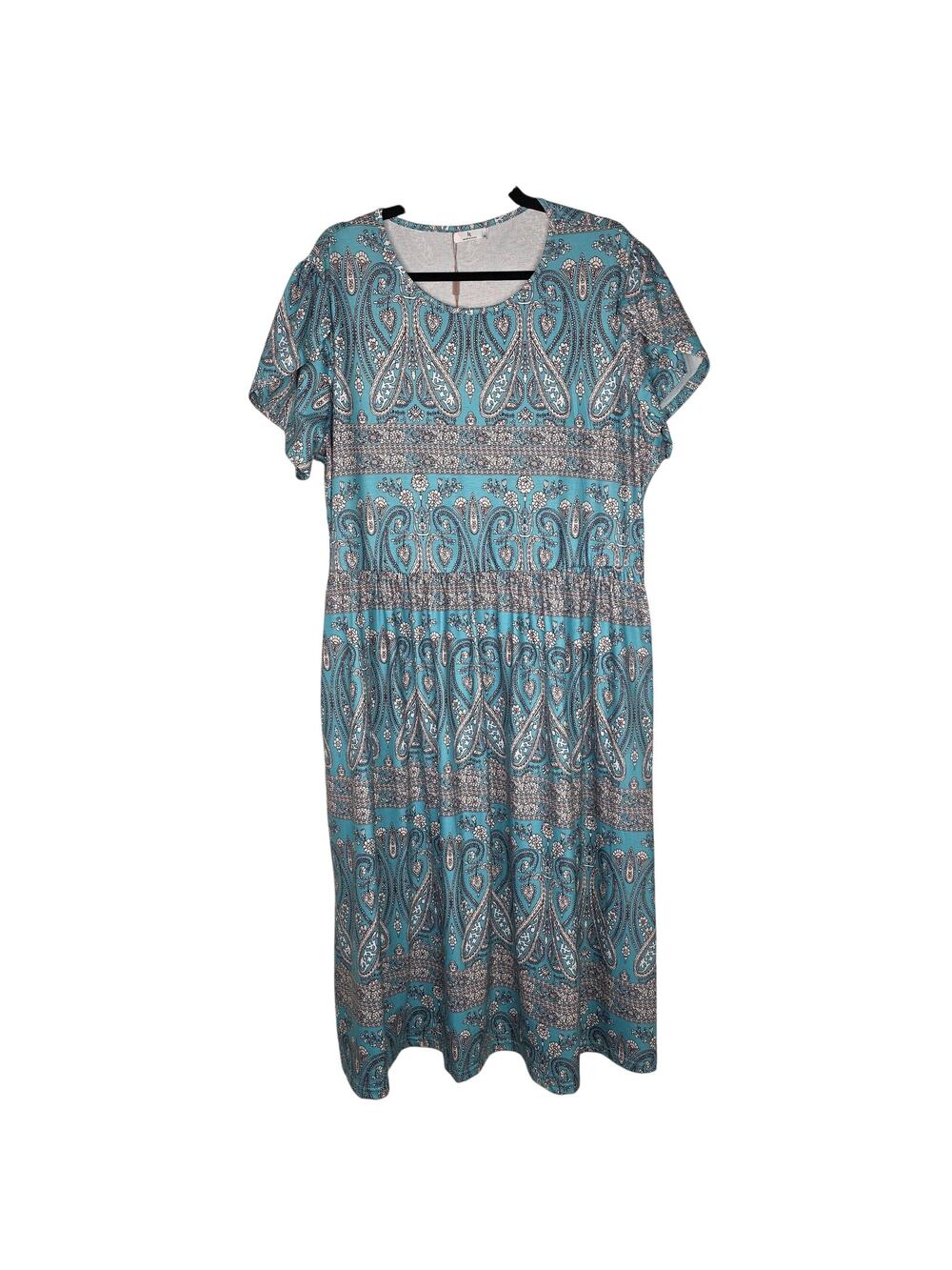 HOTOUCH Dress Womens XXL Blue Paisley Midi Short Sleeve Sundress Pockets Boho